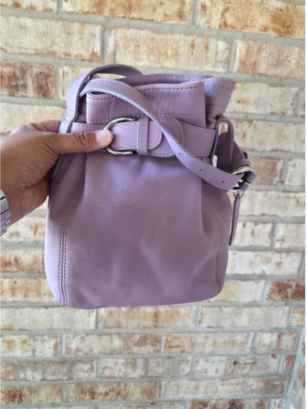 Coach Lilac Leather Bucket Crossbody with Buckle Strap